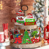 D1resion 5Pcs Christmas Thief Green Monster Table Decor Wooden Tiered Tray Decorations  Centerpieces Whoville Stink Stank Stunk Xmas Tree Freestanding Sign Home Decor for Farmhouse Mantle Fireplace