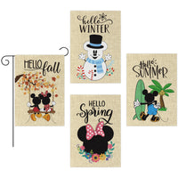 D1resion 4Pcs Seasonal Garden Flag Set Hello Spring Summer Fall Winter Cartoon Mouse Burlap Yard Flags Double Sided Print Vertical House Flag Holiday Decorations for Home Outdoor Lawn 12.4 X 18.1 In