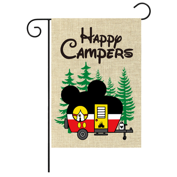 D1resion Happy Campers Garden Flag Spring Summer Camping Cartoon Mouse Travel Trailer RV Burlap Yard Flags Double Sided Print Vertical House Flag Holiday Outdoor Decoration for Campsite Party 12x18 In