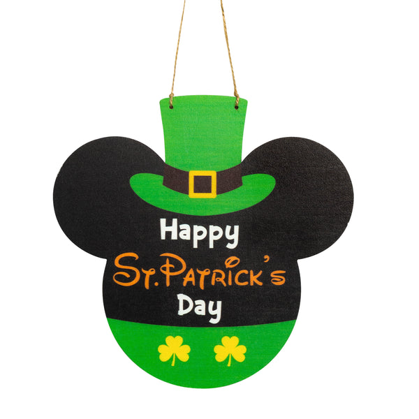 D1resion St Patrick Mouse Wood Hanging Door Sign Decoration Shamrock Green Hat Decorative Plaques with Lanyard Lucky Irish Wooden Welcome Signs for Home Wall Front Door Rustic Farmhouse Porch Decor