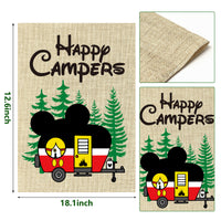 D1resion Happy Campers Garden Flag Spring Summer Camping Cartoon Mouse Travel Trailer RV Burlap Yard Flags Double Sided Print Vertical House Flag Holiday Outdoor Decoration for Campsite Party 12x18 In